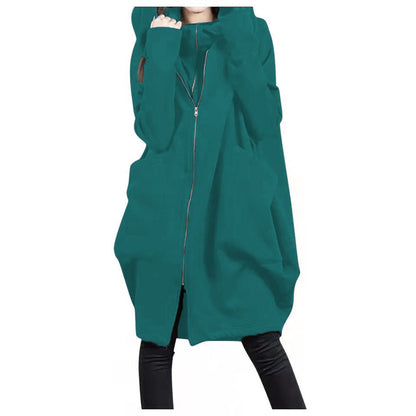 Manteau mi-long femme – Coupe oversize – Capuche – Zip frontal – Style décontracté