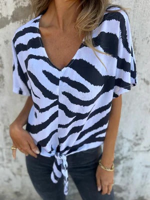 Blouse femme – Coupe décontractée – Col en V – Nœud devant – Manches courtes – Tissu respirant