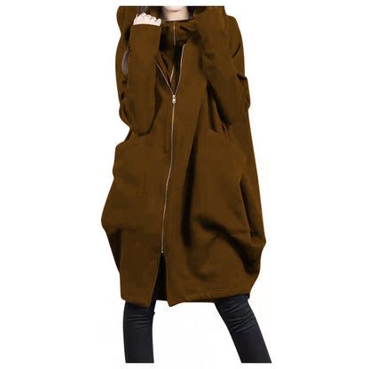 Manteau mi-long femme – Coupe oversize – Capuche – Zip frontal – Style décontracté