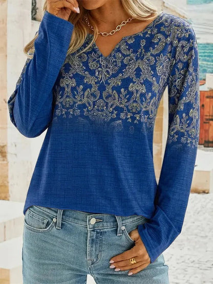 Blouse femme – Coupe décontractée – Broderie florale – Col V – Manches longues
