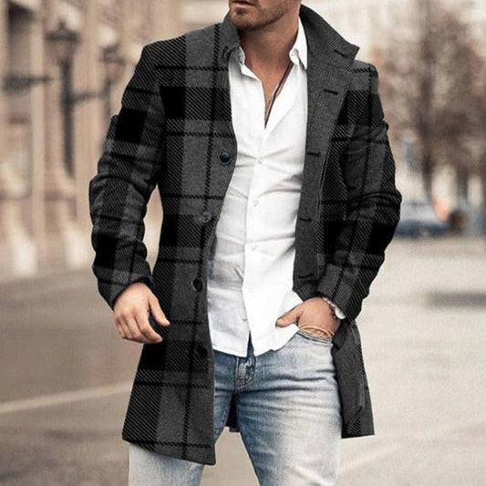 Manteau Homme – Coupe Ajustée – Laine – Motif Carreaux – Col Tailleur – Boutonnage Avant
