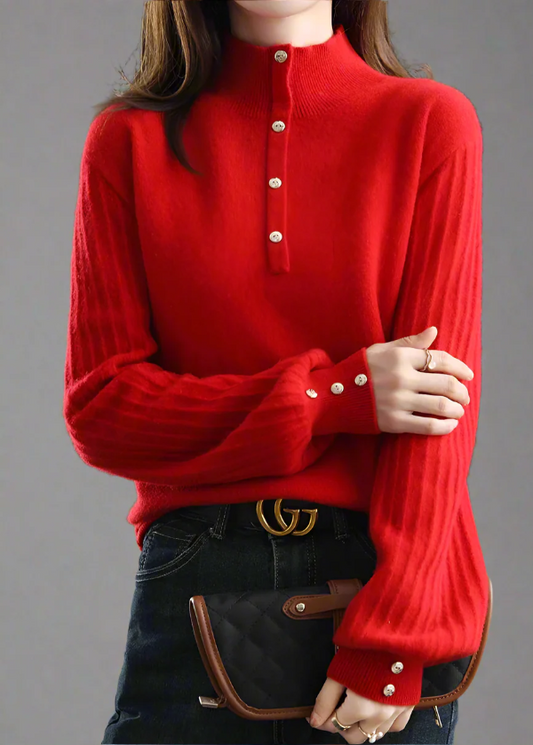 Femme Pull - Laine Mélangée - Col Montant - Manches Bouffantes Longues