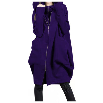 Manteau mi-long femme – Coupe oversize – Capuche – Zip frontal – Style décontracté