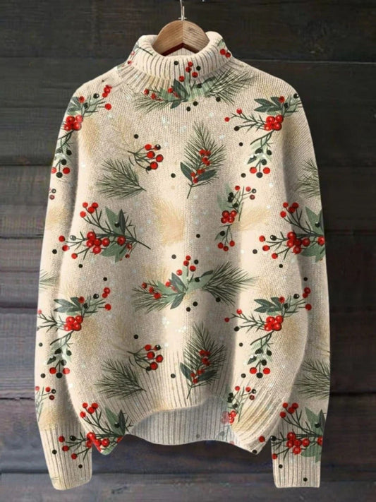 Pull femme à col roulé – Maille laine – Coupe décontractée – Motif botanique festif