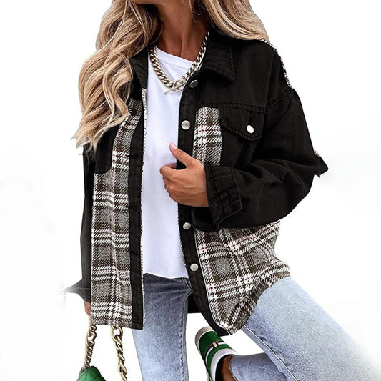 Veste femme – Coupe décontractée – Détails à carreaux – Fermeture boutonnée – Longueur hanches