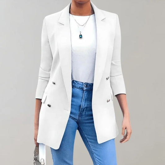 Blazer long femme – Coupe ajustée – Double boutonnage – Épaules structurées