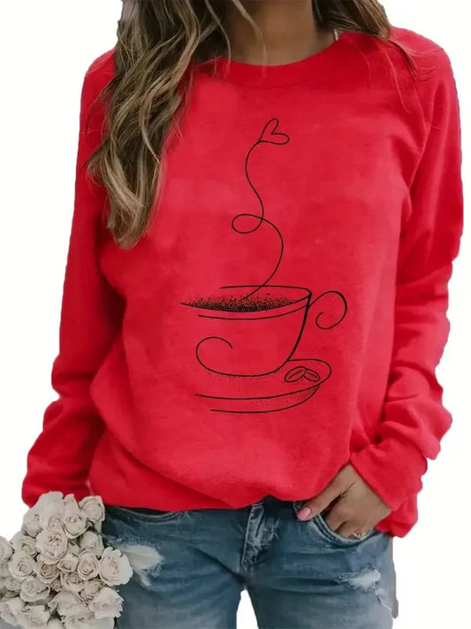 Sweatshirt femme – Coupe décontractée – Coton doux – Motif tasse à café – Col rond