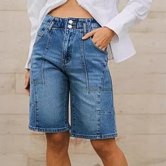 Short en jean femme – Taille haute – Coupe décontractée – Longueur genou