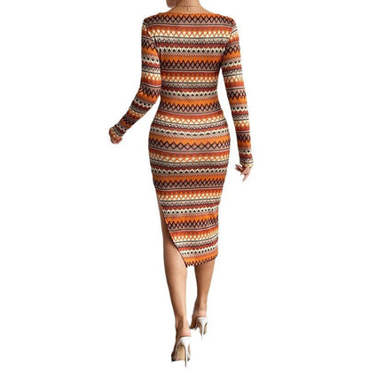 Robe midi femme – Coupe slim – Maille stretch – Col rond – Manches longues – Motif géométrique – Fente asymétrique