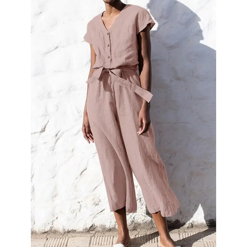 Combinaison femme – Coton – Coupe décontractée – Manches courtes – Ceinture nouée – Jambes 7/8