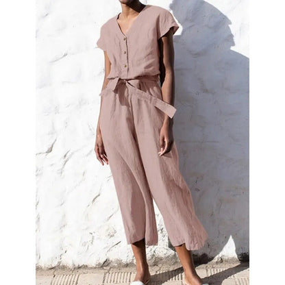 Combinaison femme – Coton – Coupe décontractée – Manches courtes – Ceinture nouée – Jambes 7/8