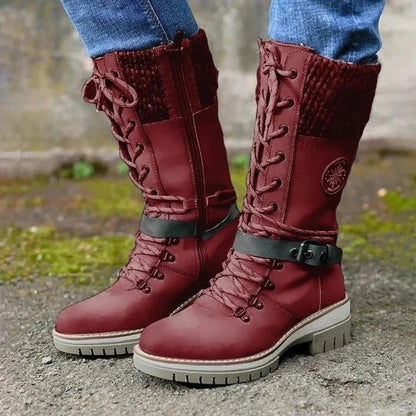 Bottes femme hauteur genou – Laçage frontal – Zip latéral – Revers en maille laine
