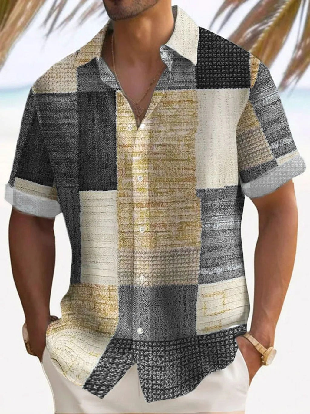 Chemise homme à manches courtes – Coupe décontractée – Patchwork – Coton lin léger