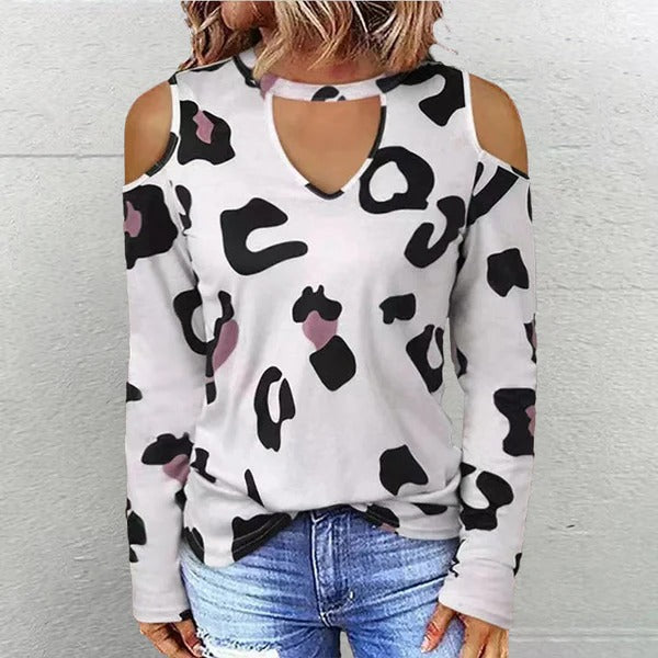 Chemise femme à manches longues – Coupe décontractée – Épaules dénudées – Imprimé léopard – Tissu respirant