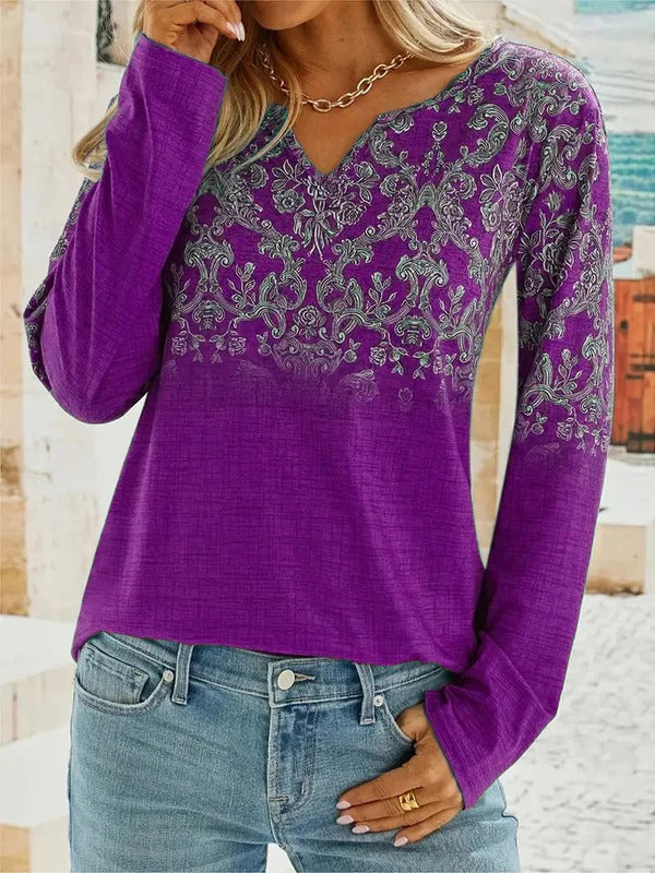Blouse femme – Coupe décontractée – Broderie florale – Col V – Manches longues