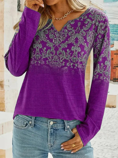 Blouse femme – Coupe décontractée – Broderie florale – Col V – Manches longues