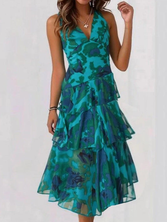 Women’s Midi Dress – Sleeveless V-Neck – Multi-Layered – Flowing Silhouette – Floral Print