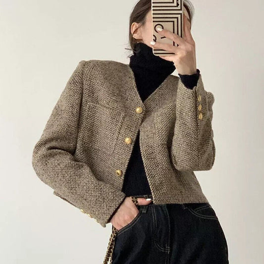 Veste blazer femme – Coupe cintrée – Effet laine texturé – Boutons dorés élégants
