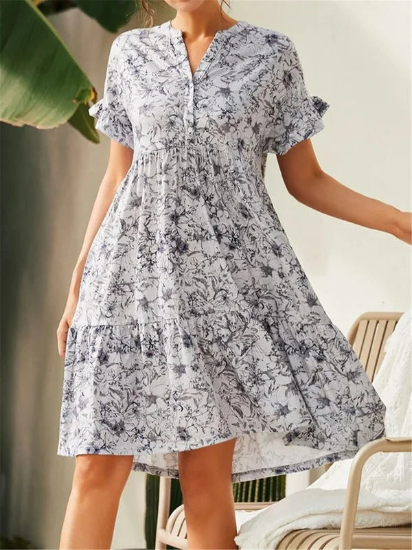 Robe Femme A-Ligne – Tissu Respirant – Imprimé Fleuri – Manches Volants – Col V