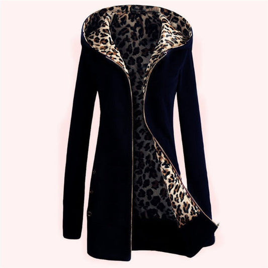 Sweat à capuche femme – Coupe oversize – Longue – Doublure léopard – Zip frontal