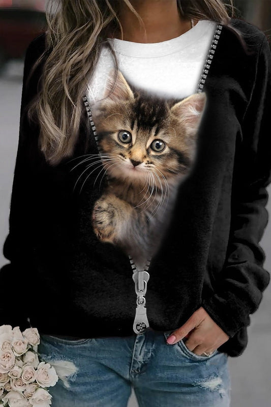 Sweatshirt femme – Coton doux – Coupe décontractée – Manches longues – Graphique chat