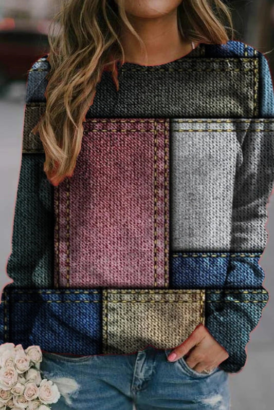 Sweatshirt femme – Coupe décontractée – Maille douce – Motif patchwork – Manches longues
