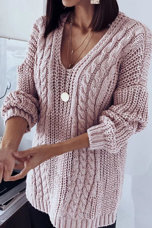 Pull femme – Coupe ample – Maille torsadée – Décolleté en V – Laine douce – Manches longues