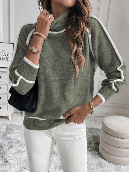 Sweat-shirt femme – Coupe ample – Col montant – Manches à rayures contrastées