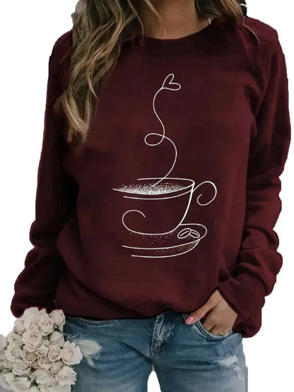 Sweatshirt femme – Coupe décontractée – Coton doux – Motif tasse à café – Col rond