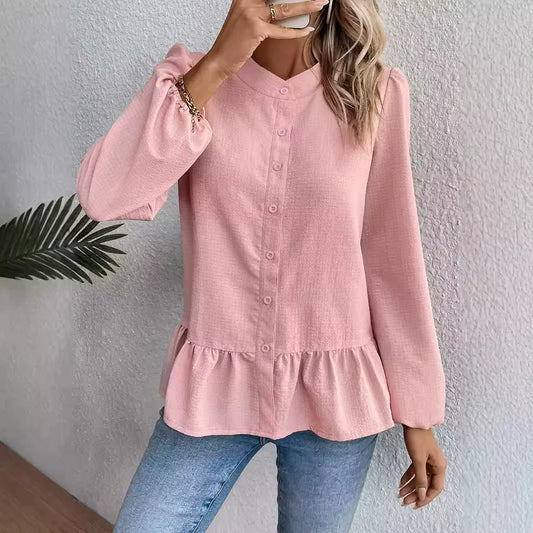Blouse femme – Coton doux – Coupe ample – Manches longues – Ourlet peplum – Boutonnée