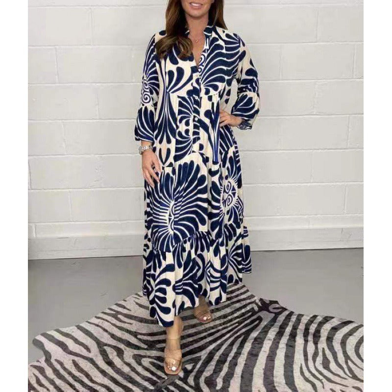 Robe midi femme – Chiffon léger – Coupe ample – Imprimée – Col V – Manches 3/4