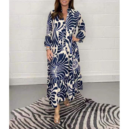 Robe midi femme – Chiffon léger – Coupe ample – Imprimée – Col V – Manches 3/4