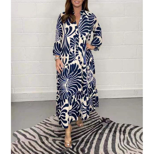 Robe midi femme – Chiffon léger – Coupe ample – Imprimée – Col V – Manches 3/4