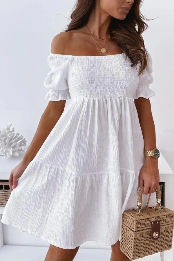 Robe femme épaules dénudées – Coupe décontractée – Volants – Longueur genou