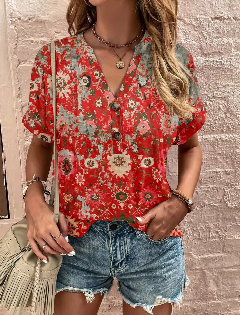 Chemise femme – Coupe décontractée – Manches courtes – Col en V boutonné – Motif floral et cachemire – Tissu léger respirant