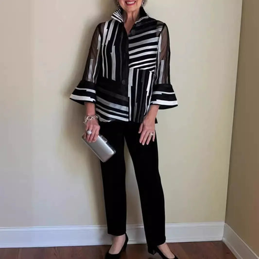 Blouse femme – Coupe décontractée – Manches longues évasées – Voile léger rayé