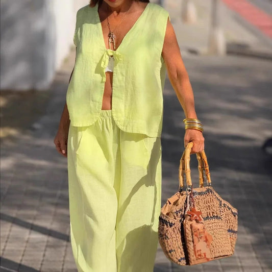Ensemble Femme Deux Pièces – Linnen Respirant – Coupe Ample – Top Sans Manches – Pantalon Large