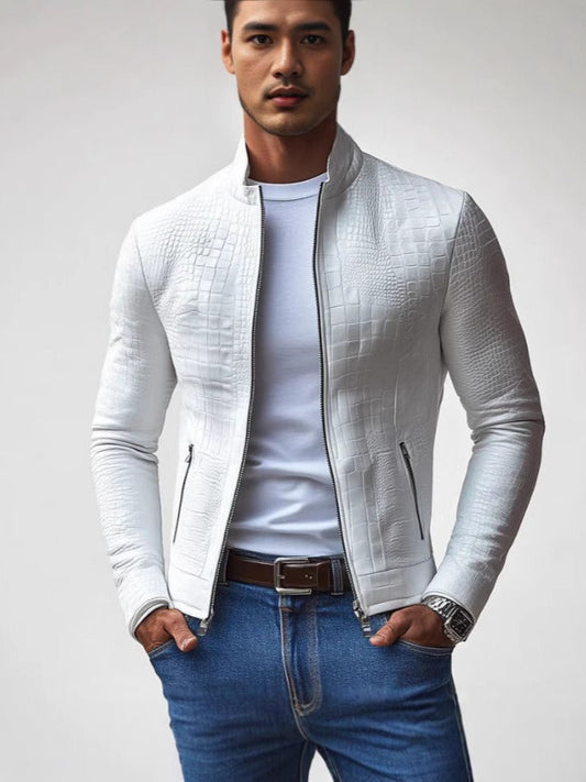 Veste homme – Coupe slim – Effet cuir texturé – Col droit – Fermeture zippée