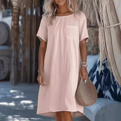 Robe midi femme – Lin et coton – Coupe ample – Col rond – Manches courtes