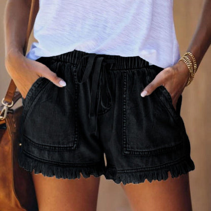 Short en jean femme – Coupe décontractée – Taille élastique avec cordon – Ourlet effiloché