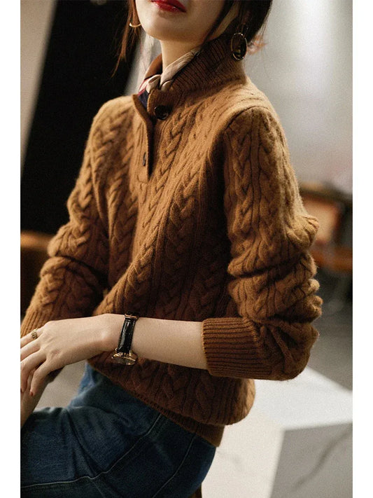 Femme Pull - Maille Texturée - Coupe Décontractée - Col Montant - Manches Longues