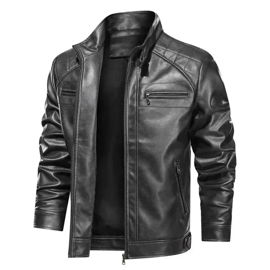Veste biker homme – Coupe slim – Épaules matelassées – Col montant – Finition cuir