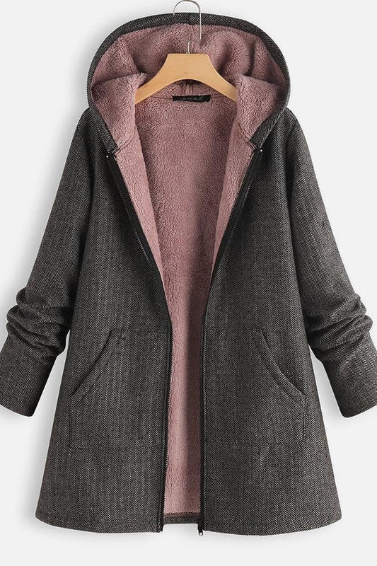 Manteau femme à capuche – Coupe oversize – Doublure polaire – Tissu texturé – Zip frontal