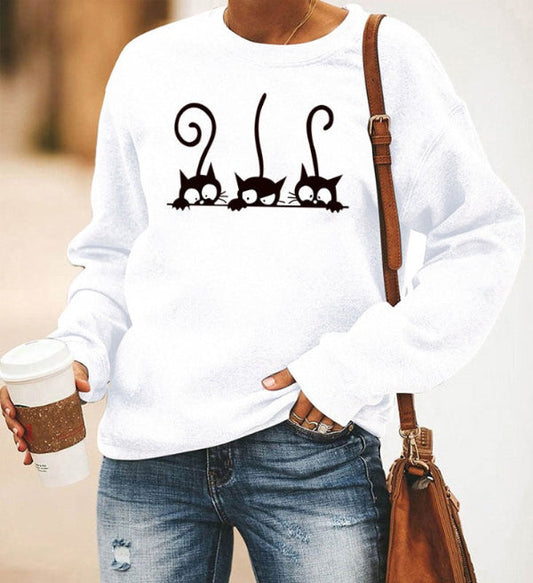 Sweatshirt femme – Coupe oversize – Coton doux – Col rond – Imprimé chat ludique