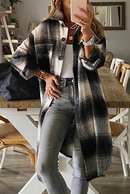 Veste-chemise femme – Coupe oversize – Tissu effet laine – Motif à carreaux – Boutons devant