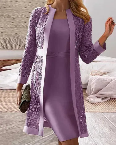Ensemble Femme – Robe Cintrée Sans Manches – Veste Longue en Dentelle Structurée