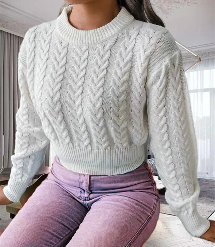 Pull femme – Maille torsadée – Coupe cintrée – Col rond côtelé – Manches longues
