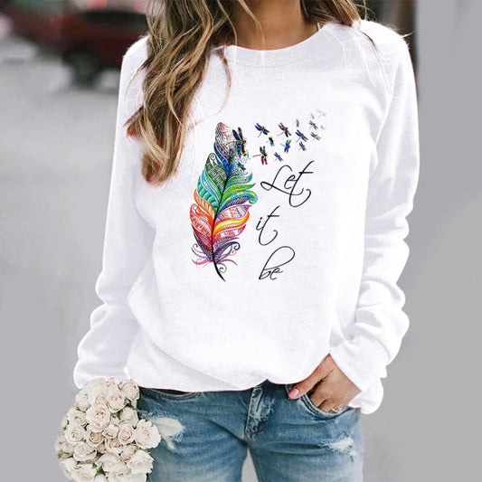 Sweatshirt femme – Coupe décontractée – Imprimé plume – Col rond – Manches longues