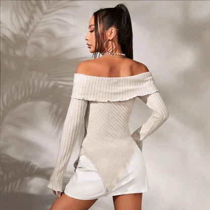 Top épaules dénudées femme – Maille côtelée – Coupe ajustée – Ourlet asymétrique