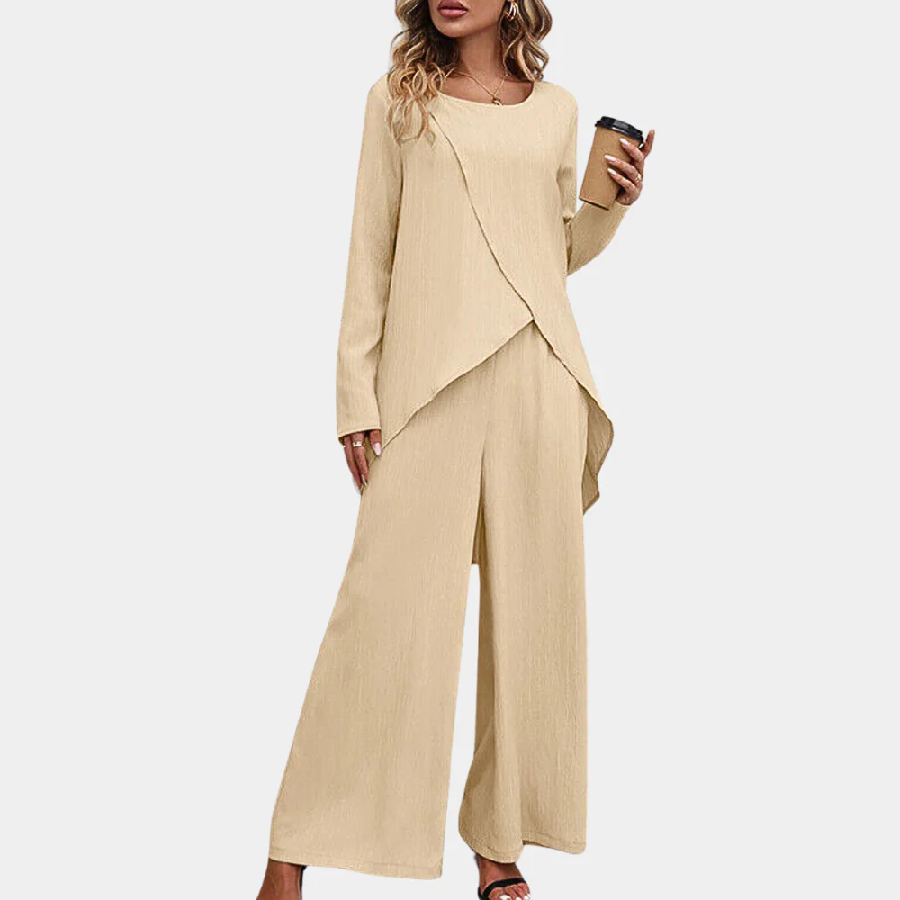 Ensemble Femme – Haut Asymétrique Manches Longues – Pantalon Large – Tissu Coton